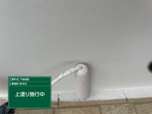 泉大津市S様邸の軒天塗装を施工している様子